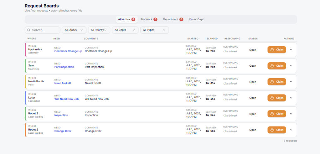 Andon Tool live request board showing floor requests with claim and status tracking